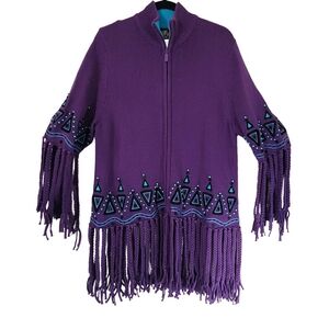 Vintage Bob Mackie Wearable Art Beaded Full Zip Sweater Braided Fringe (L)